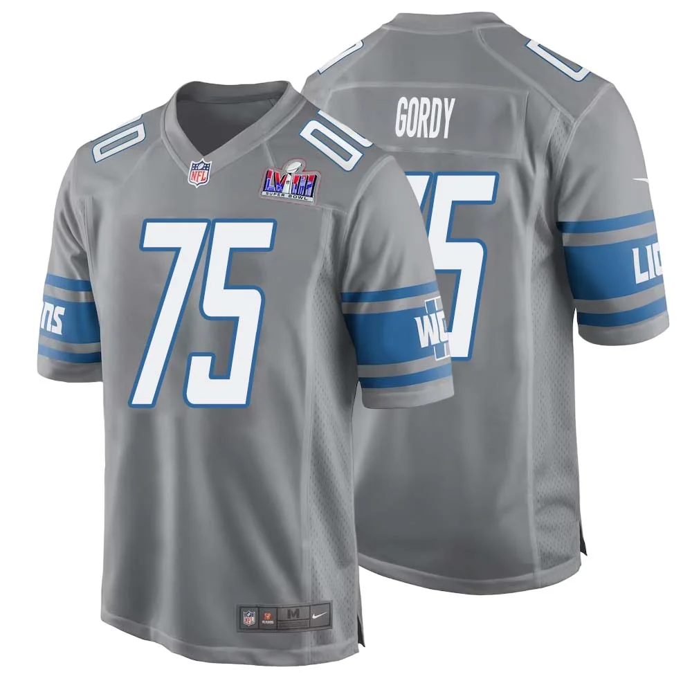 John Gordy No 75 Mens Custom Gray Detroit Lions Alternate Super Bowl LVIII Game Jersey