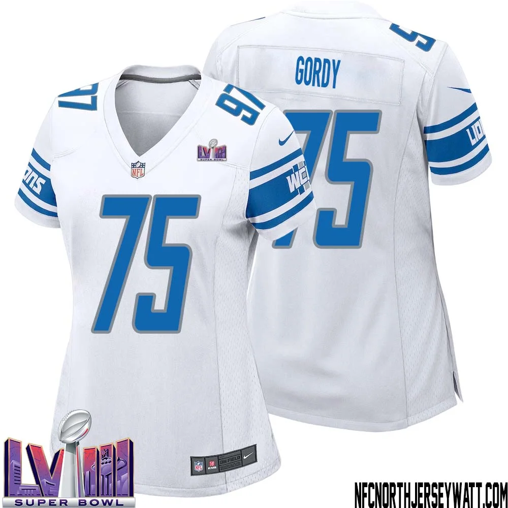 John Gordy No 75 Women White Detroit Lions Player Super Bowl LVIII Away Game Jersey