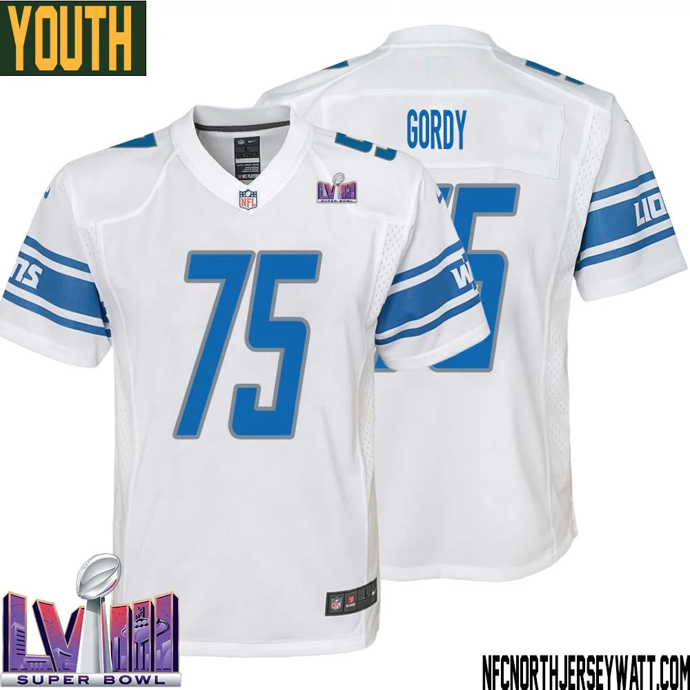John Gordy No 75 Youth White Detroit Lions Player Super Bowl LVIII Away Game Jersey 1