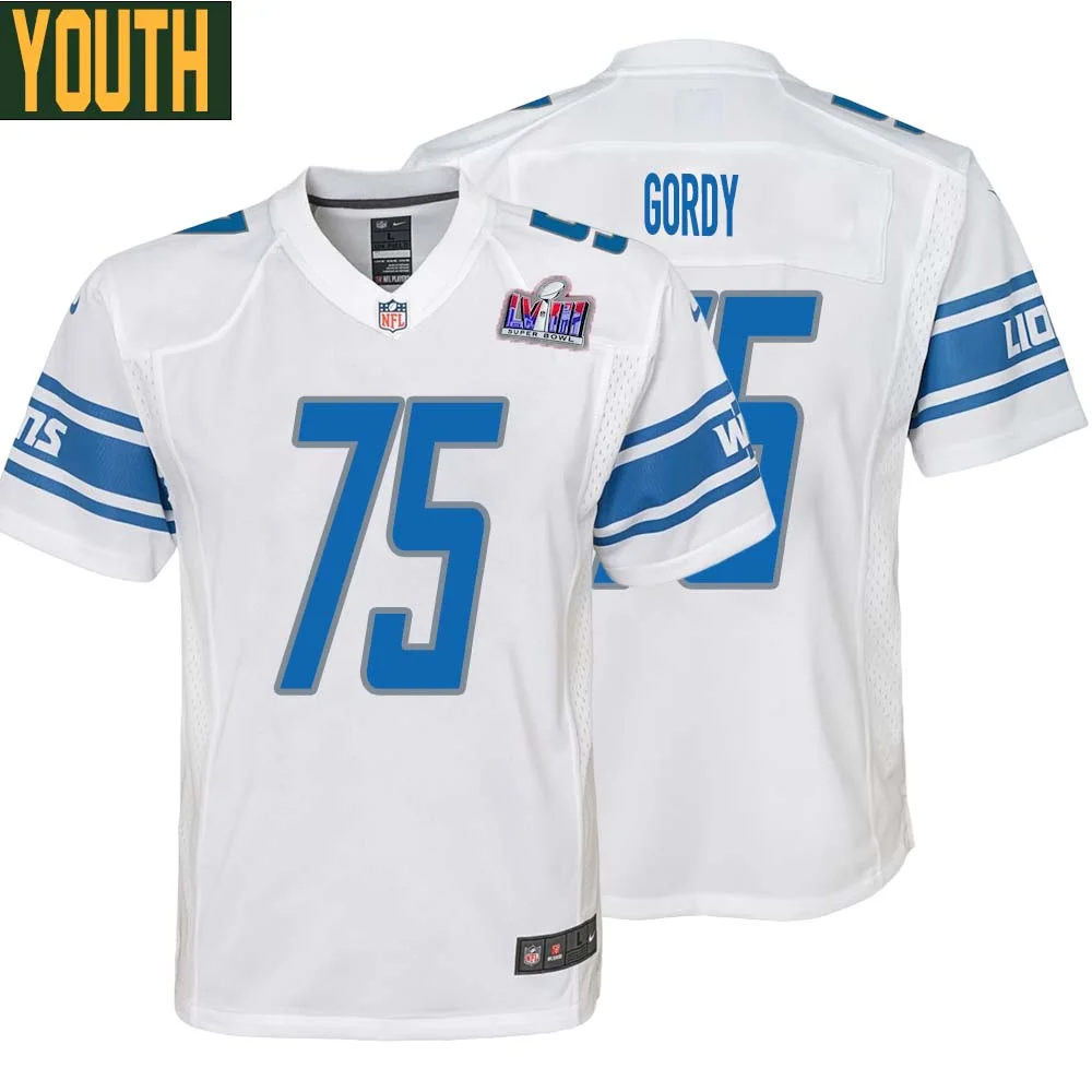 John Gordy No 75 Youths Custom White Detroit Lions Super Bowl LVIII Away Game Jersey