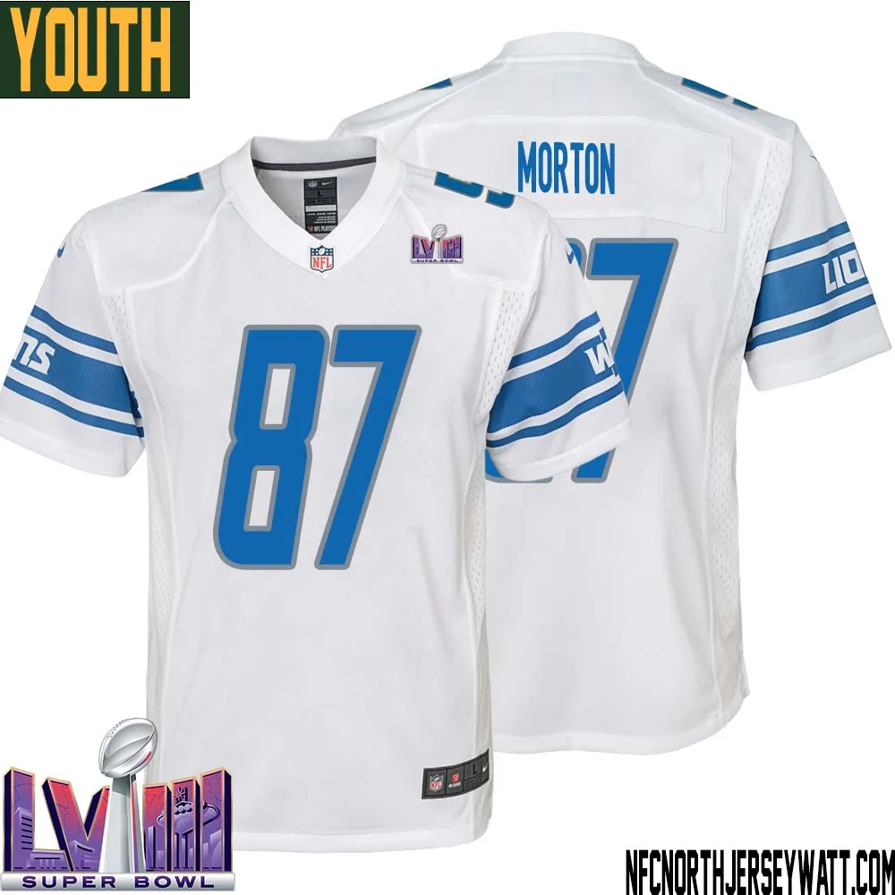 Johnnie Morton No 87 Youth White Detroit Lions Player Super Bowl LVIII Away Game Jersey 1