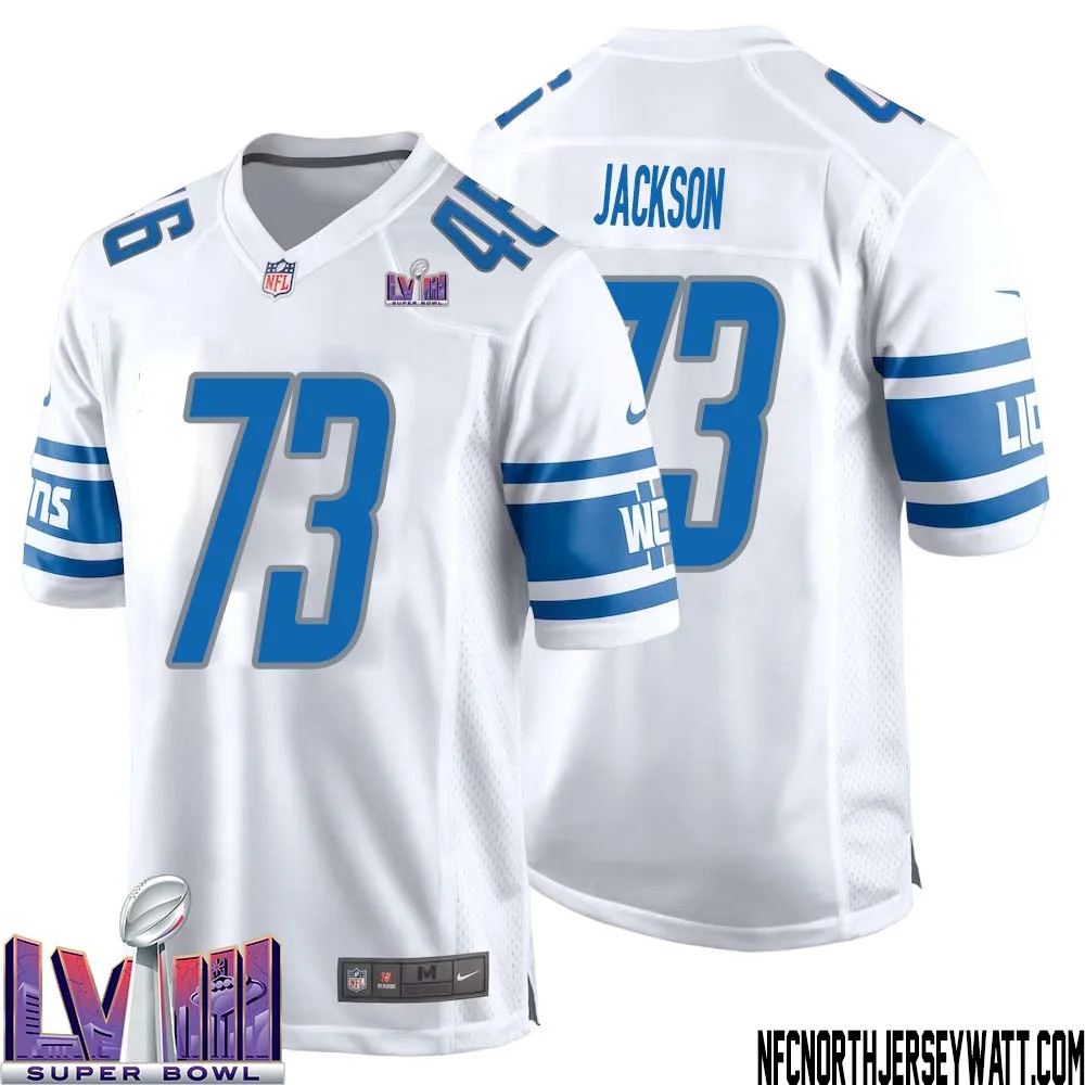 Jonah Jackson No 73 Men White Detroit Lions Player Super Bowl LVIII Away Game Jersey