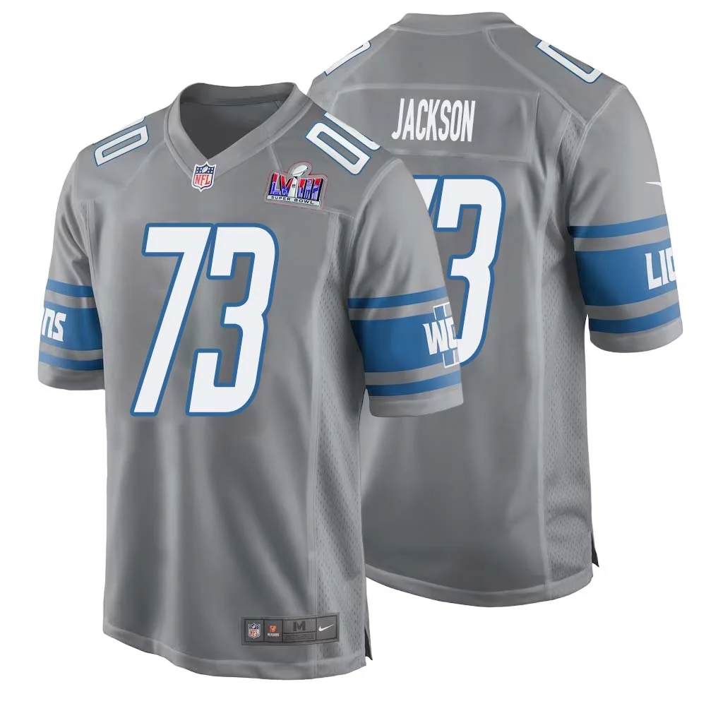Jonah Jackson No 73 Mens Custom Gray Detroit Lions Alternate Super Bowl LVIII Game Jersey