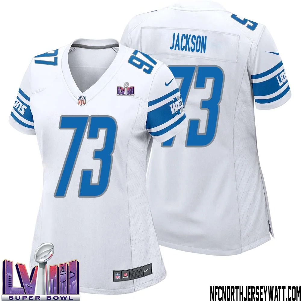 Jonah Jackson No 73 Women White Detroit Lions Player Super Bowl LVIII Away Game Jersey