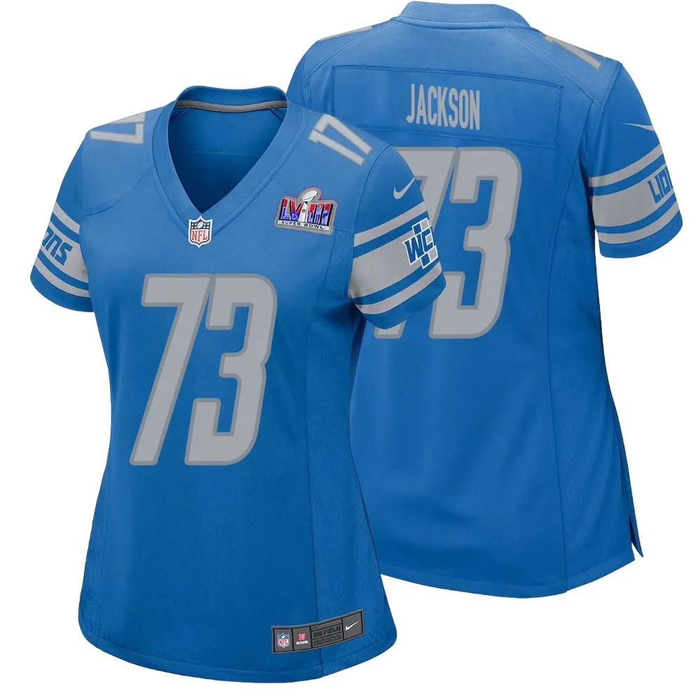 Jonah Jackson No 73 Womens Custom Blue Detroit Lions Super Bowl LVIII Player Home Game Jersey