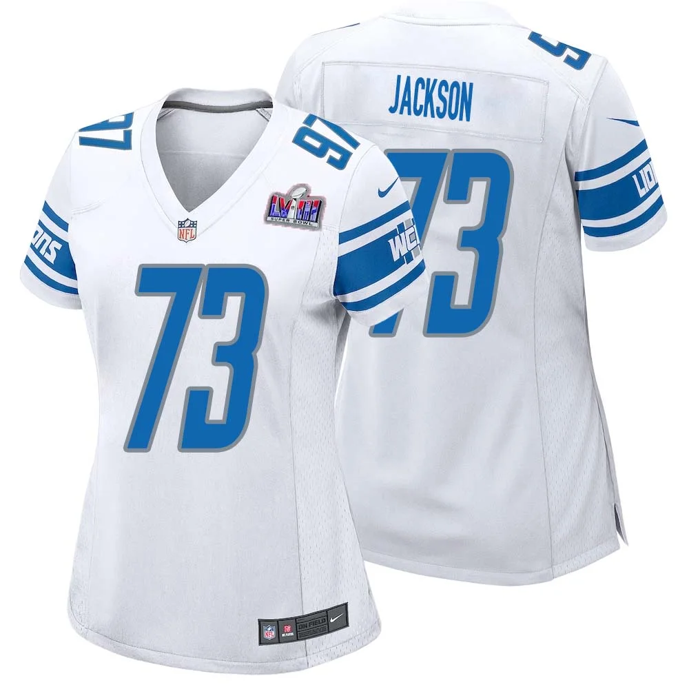 Jonah Jackson No 73 Womens Custom White Detroit Lions Super Bowl LVIII Away Game Jersey