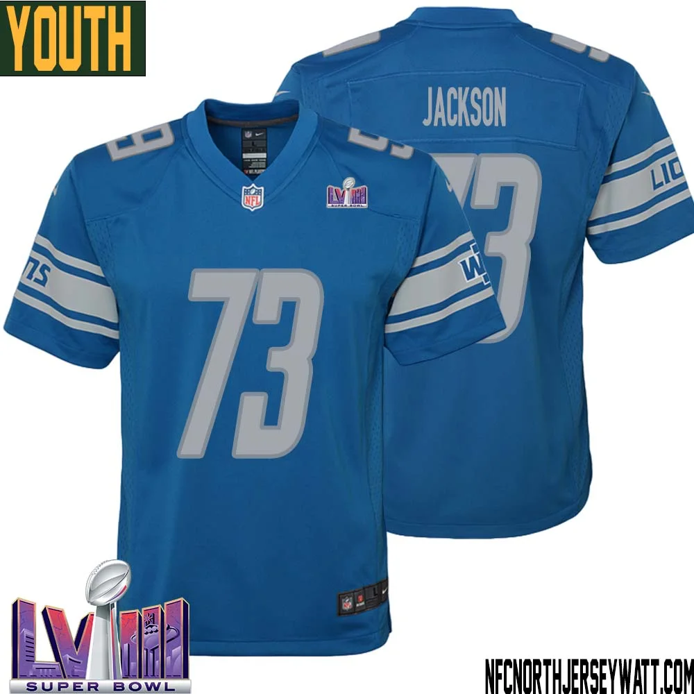 Jonah Jackson No 73 Youth Blue Detroit Lions Player Super Bowl LVIII Home Game Jersey 1