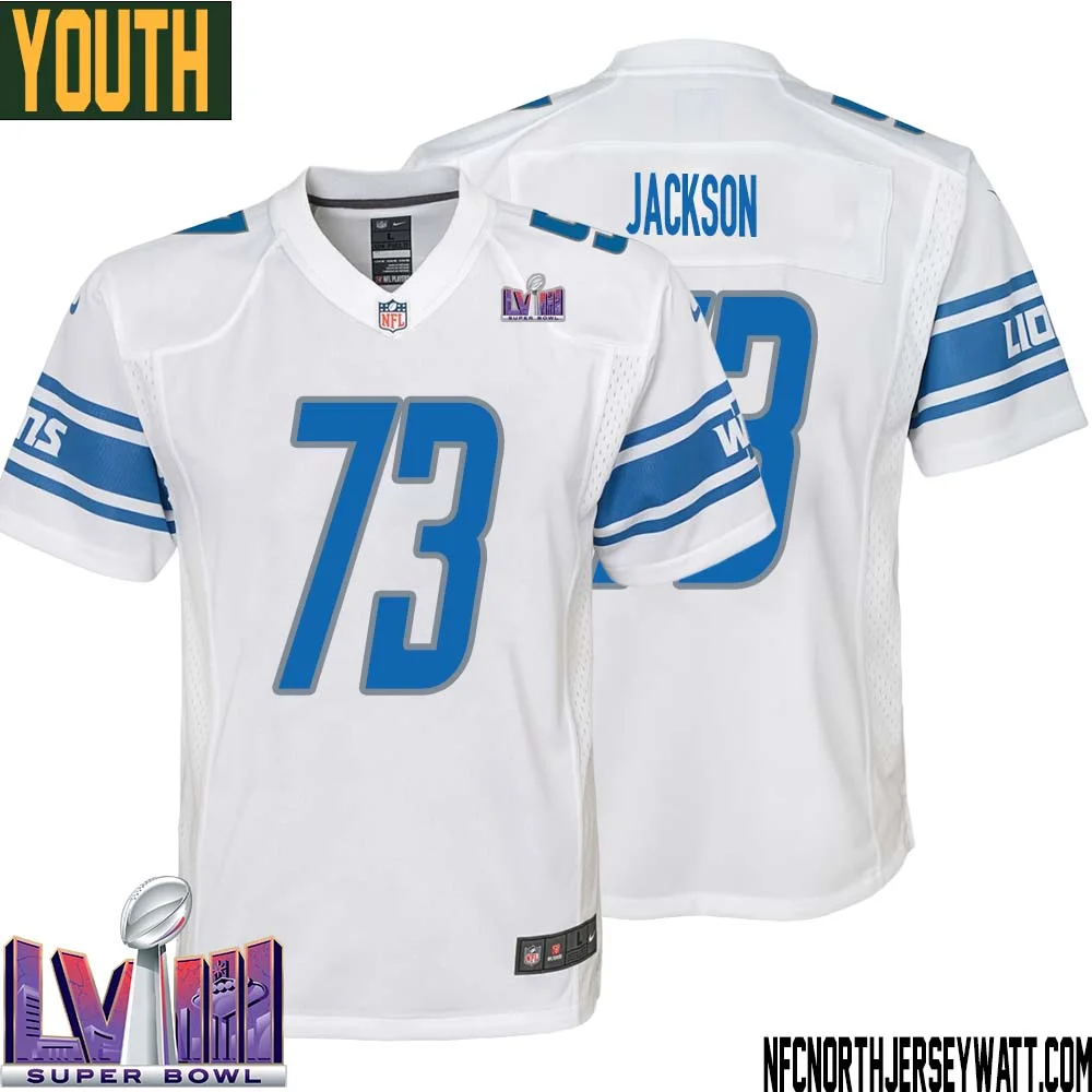 Jonah Jackson No 73 Youth White Detroit Lions Player Super Bowl LVIII Away Game Jersey