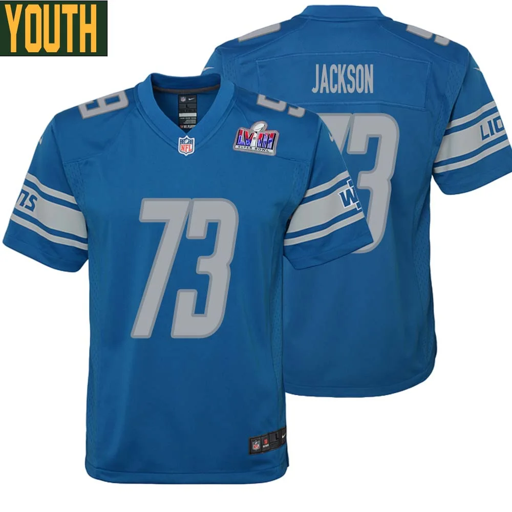 Jonah Jackson No 73 Youths Custom Blue Detroit Lions Super Bowl LVIII Player Home Game Jersey