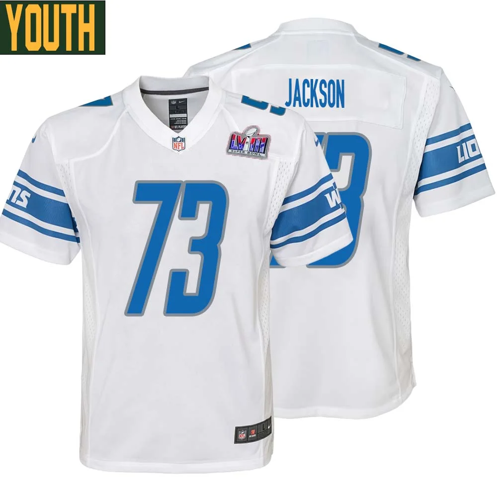 Jonah Jackson No 73 Youths Custom White Detroit Lions Super Bowl LVIII Away Game Jersey
