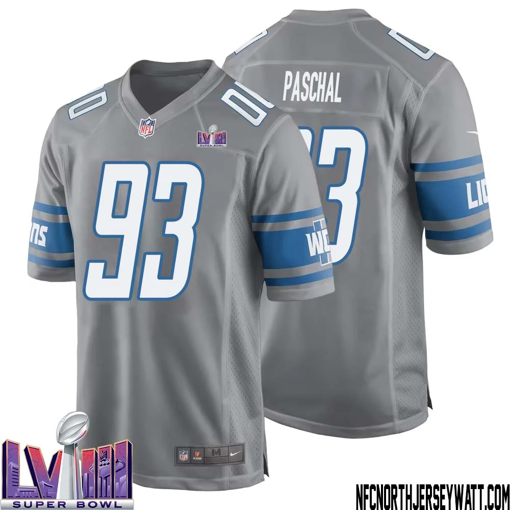Josh Paschal No 93 Men Grey Detroit Lions Player Super Bowl LVIII Alternate Game Jersey