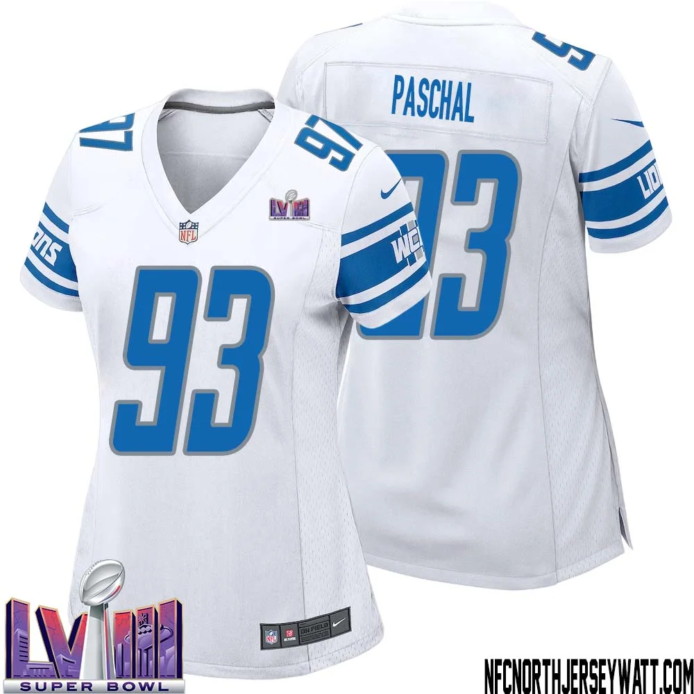 Josh Paschal No 93 Women White Detroit Lions Player Super Bowl LVIII Away Game Jersey