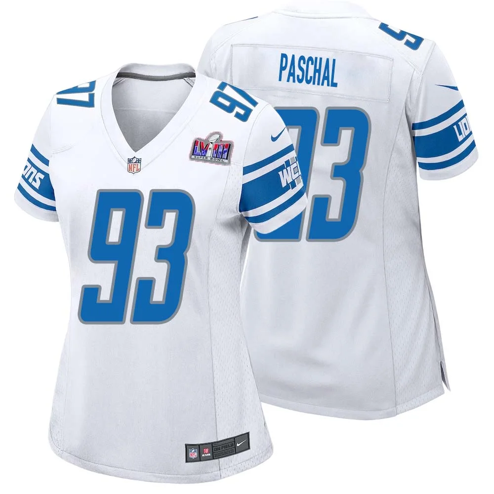 Josh Paschal No 93 Womens Custom White Detroit Lions Super Bowl LVIII Away Game Jersey