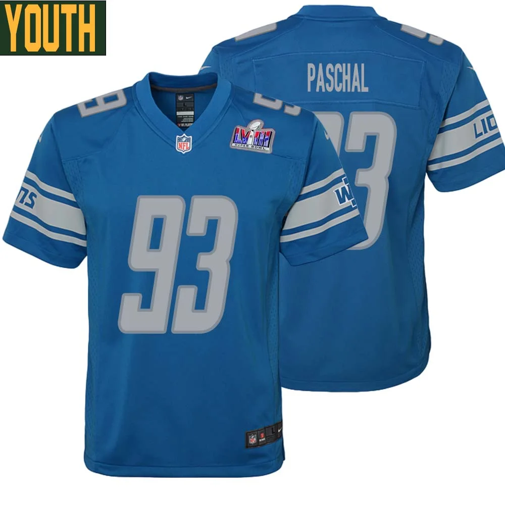 Josh Paschal No 93 Youths Custom Blue Detroit Lions Super Bowl LVIII Player Home Game Jersey