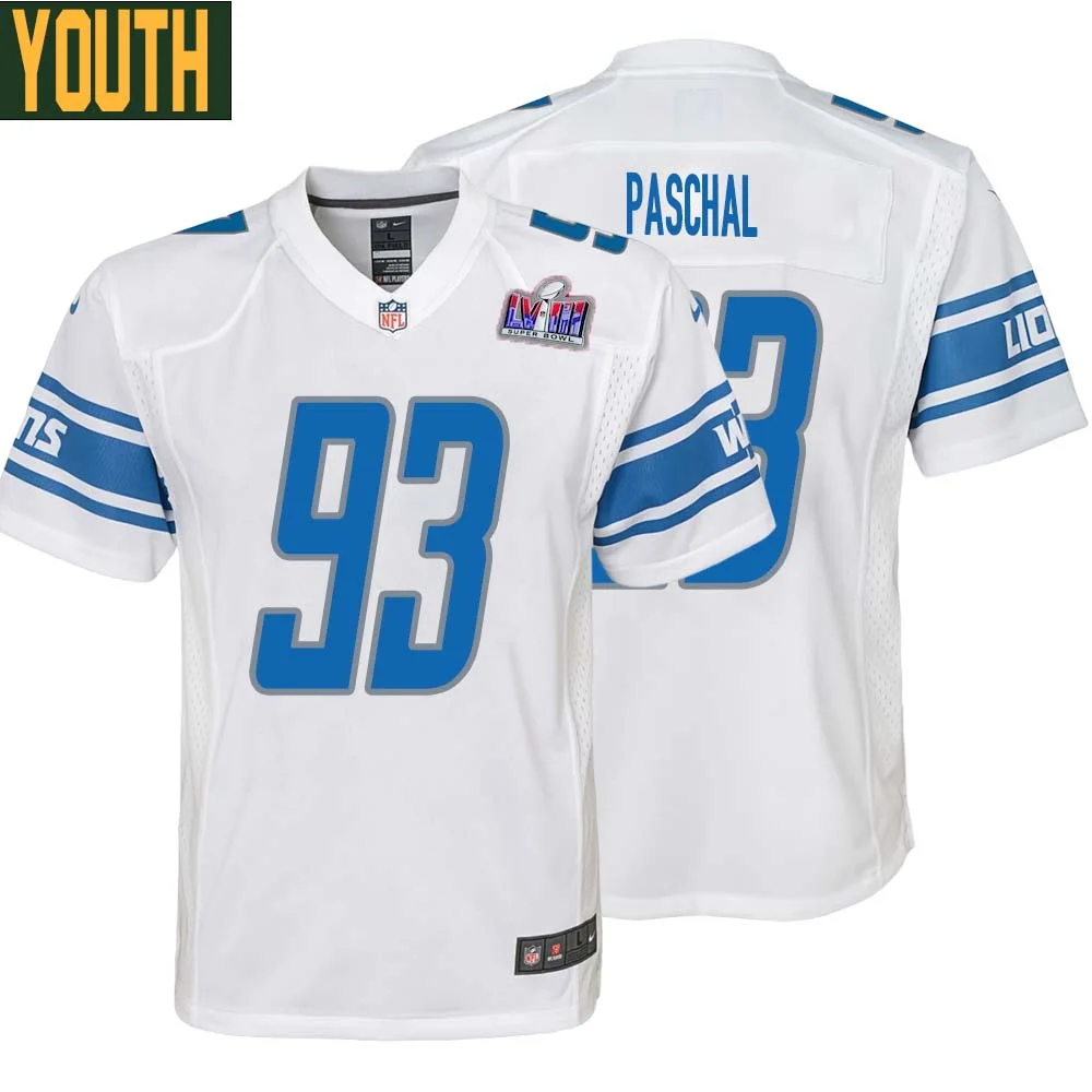 Josh Paschal No 93 Youths Custom White Detroit Lions Super Bowl LVIII Away Game Jersey