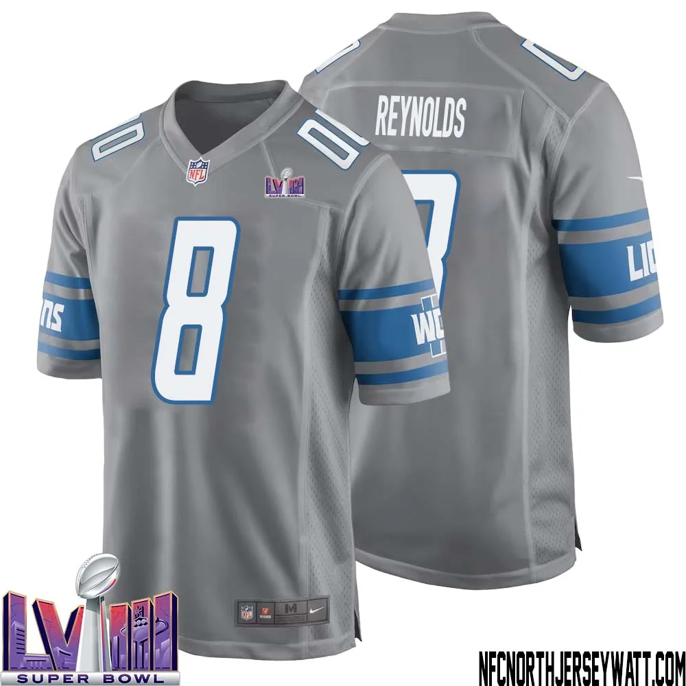 Josh Reynolds No 8 Men Grey Detroit Lions Player Super Bowl LVIII Alternate Game Jersey 1