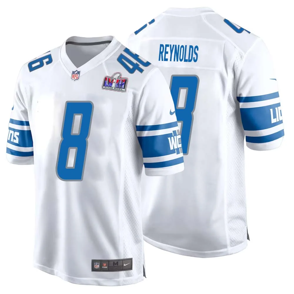 Josh Reynolds No 8 Mens Custom White Detroit Lions Super Bowl LVIII Away Game Jersey