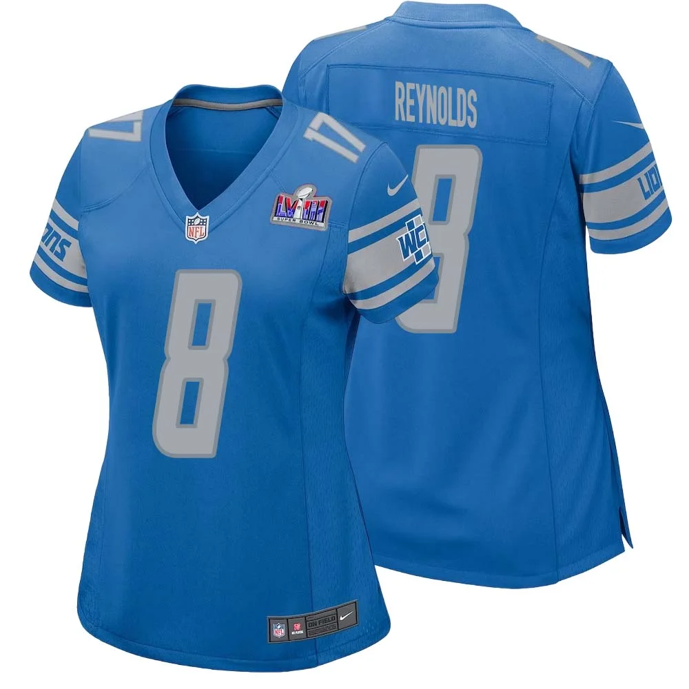 Josh Reynolds No 8 Womens Custom Blue Detroit Lions Super Bowl LVIII Player Home Game Jersey