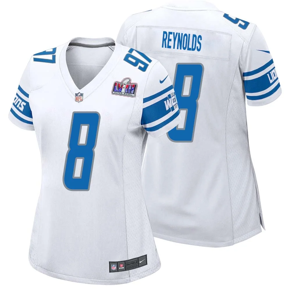 Josh Reynolds No 8 Womens Custom White Detroit Lions Super Bowl LVIII Away Game Jersey