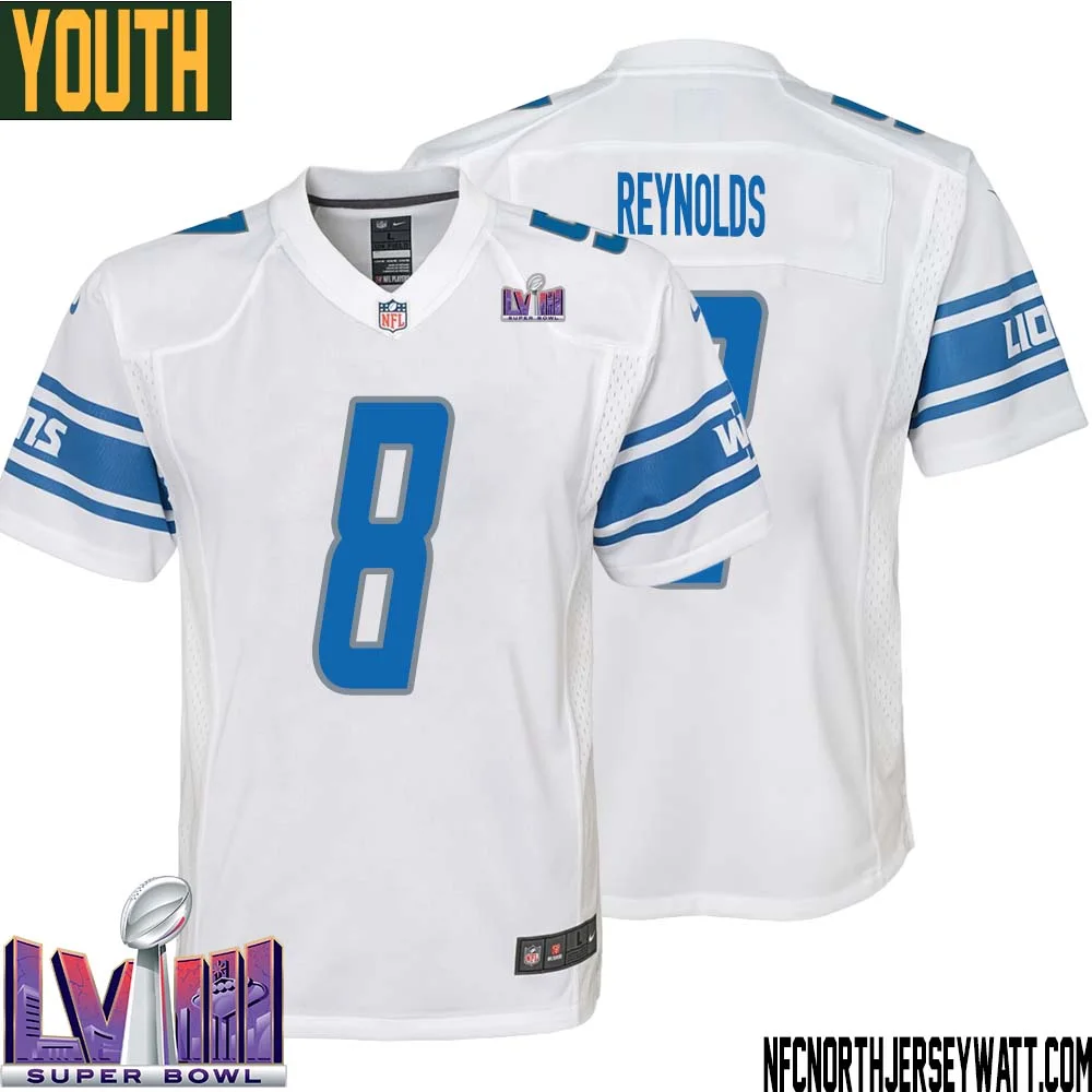 Josh Reynolds No 8 Youth White Detroit Lions Player Super Bowl LVIII Away Game Jersey 1