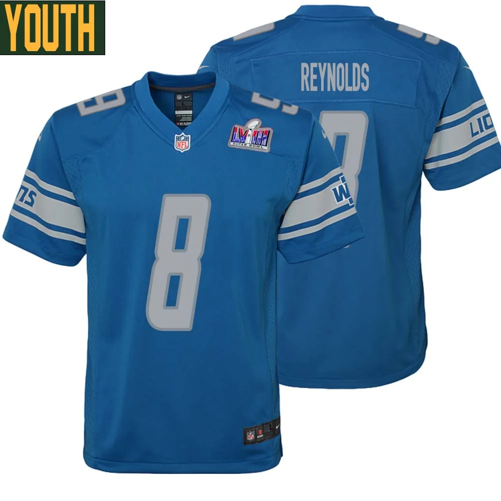 Josh Reynolds No 8 Youths Custom Blue Detroit Lions Super Bowl LVIII Player Home Game Jersey