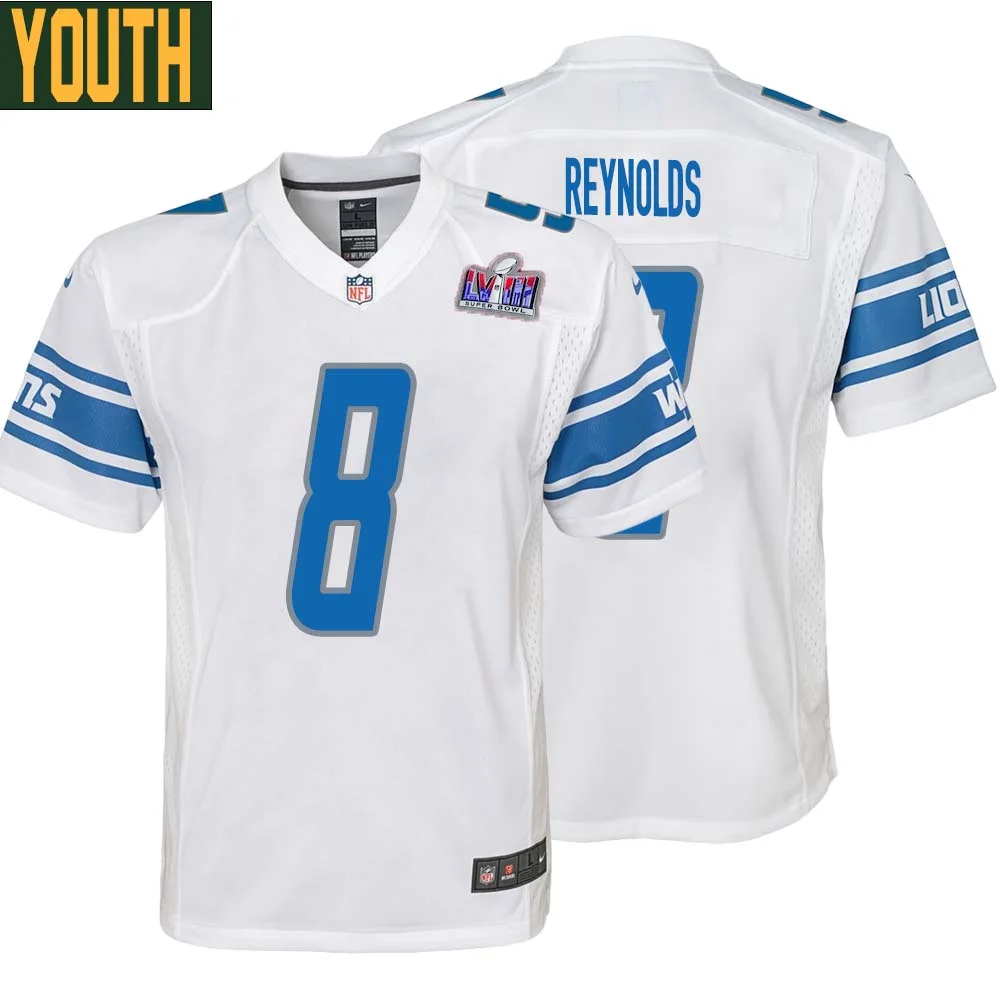 Josh Reynolds No 8 Youths Custom White Detroit Lions Super Bowl LVIII Away Game Jersey