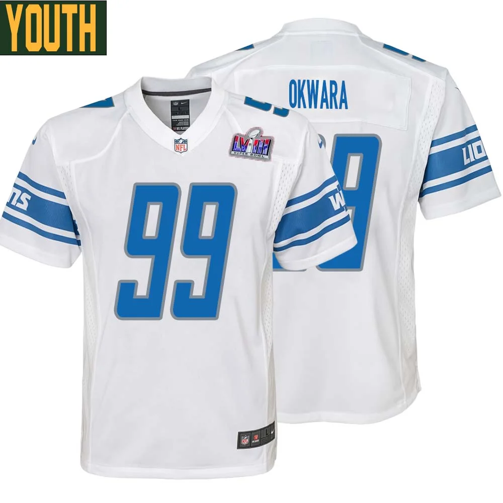 Julian Okwara No 99 Youths Custom White Detroit Lions Super Bowl LVIII Away Game Jersey