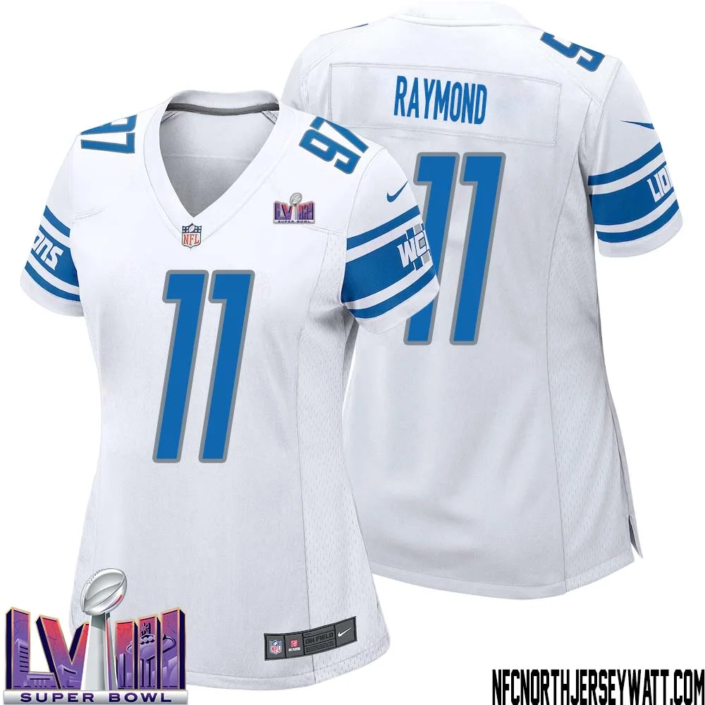 Kalif Raymond No 11 Women White Detroit Lions Player Super Bowl LVIII Away Game Jersey