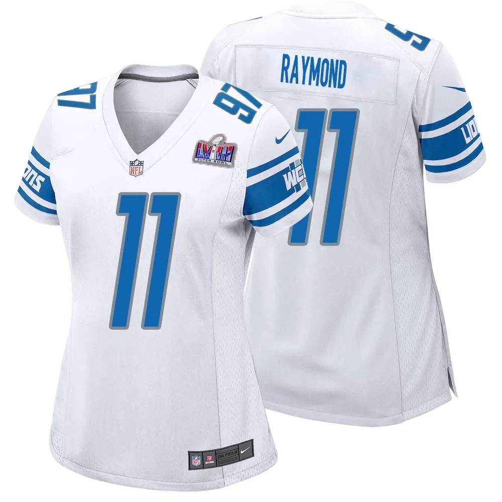 Kalif Raymond No 11 Womens Custom White Detroit Lions Super Bowl LVIII Away Game Jersey