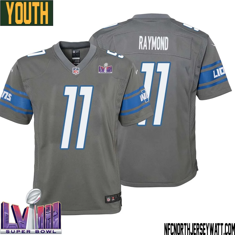 Kalif Raymond No 11 Youth Grey Detroit Lions Player Super Bowl LVIII Alternate Game Jersey 1