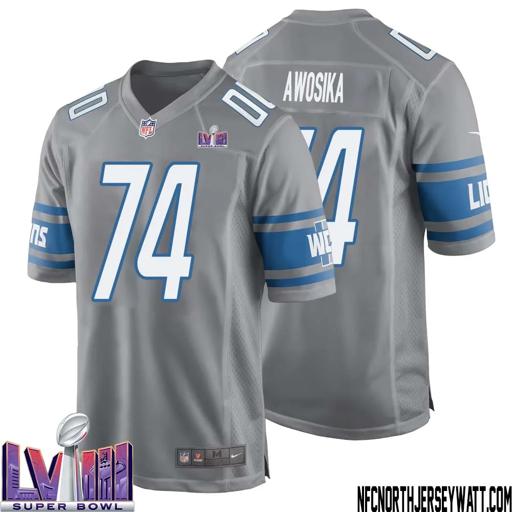 Kayode Awosika No 74 Men Grey Detroit Lions Player Super Bowl LVIII Alternate Game Jersey 1