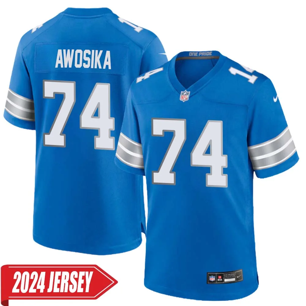 Kayode Awosika No 74 Men s Detroit Lions Home Game 2024 Jersey Blue