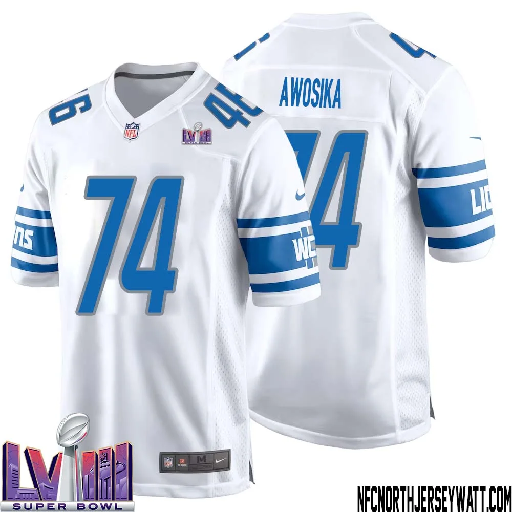 Kayode Awosika No 74 Men White Detroit Lions Player Super Bowl LVIII Away Game Jersey 1