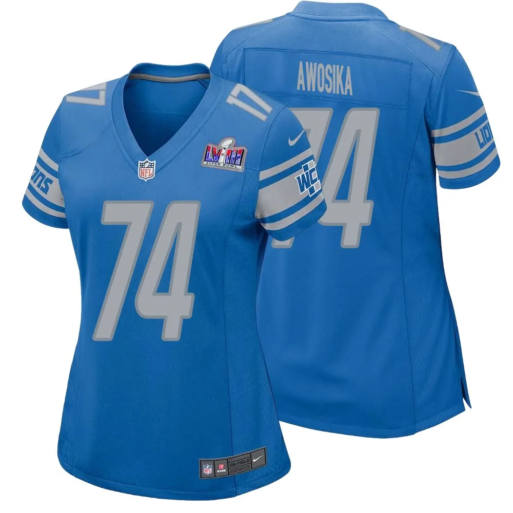 Kayode Awosika No 74 Womens Custom Blue Detroit Lions Super Bowl LVIII Player Home Game Jersey