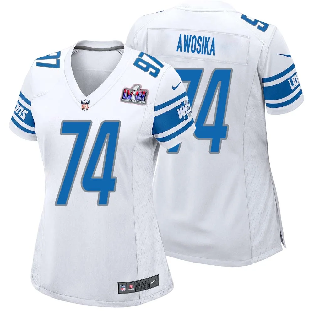 Kayode Awosika No 74 Womens Custom White Detroit Lions Super Bowl LVIII Away Game Jersey