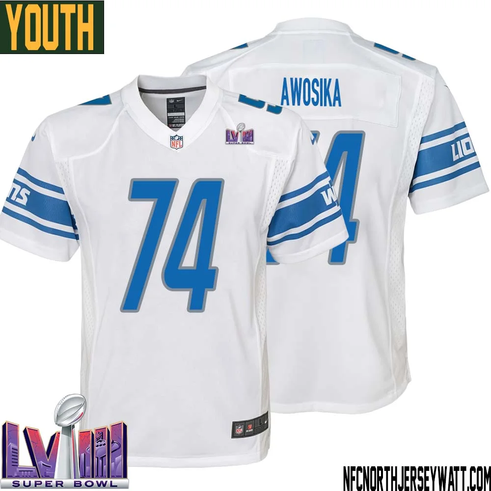 Kayode Awosika No 74 Youth White Detroit Lions Player Super Bowl LVIII Away Game Jersey