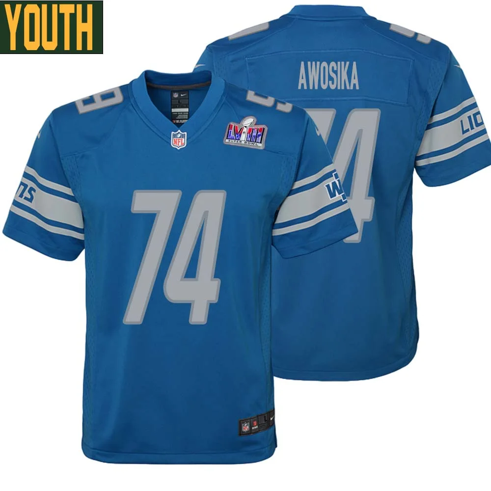 Kayode Awosika No 74 Youths Custom Blue Detroit Lions Super Bowl LVIII Player Home Game Jersey
