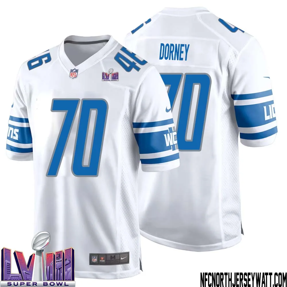 Keith Dorney No 70 Men White Detroit Lions Player Super Bowl LVIII Away Game Jersey