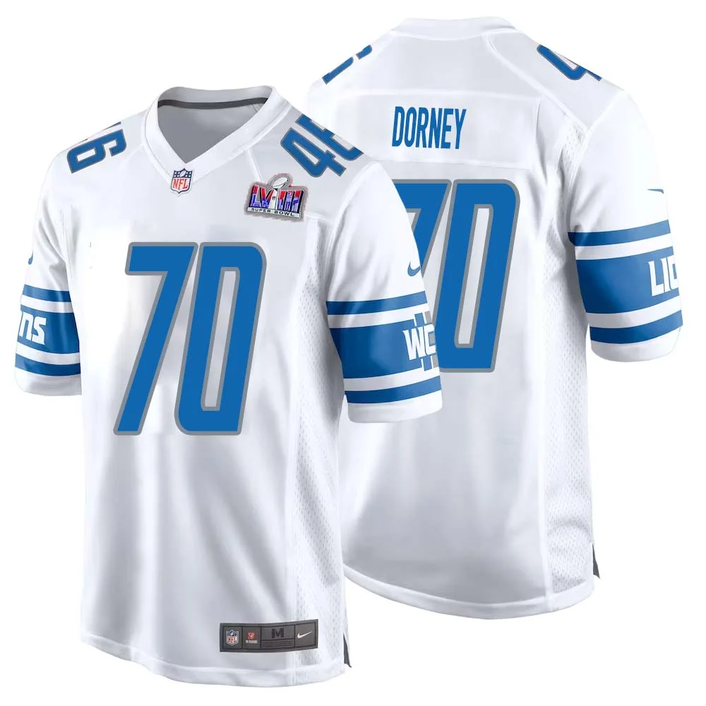 Keith Dorney No 70 Mens Custom White Detroit Lions Super Bowl LVIII Away Game Jersey