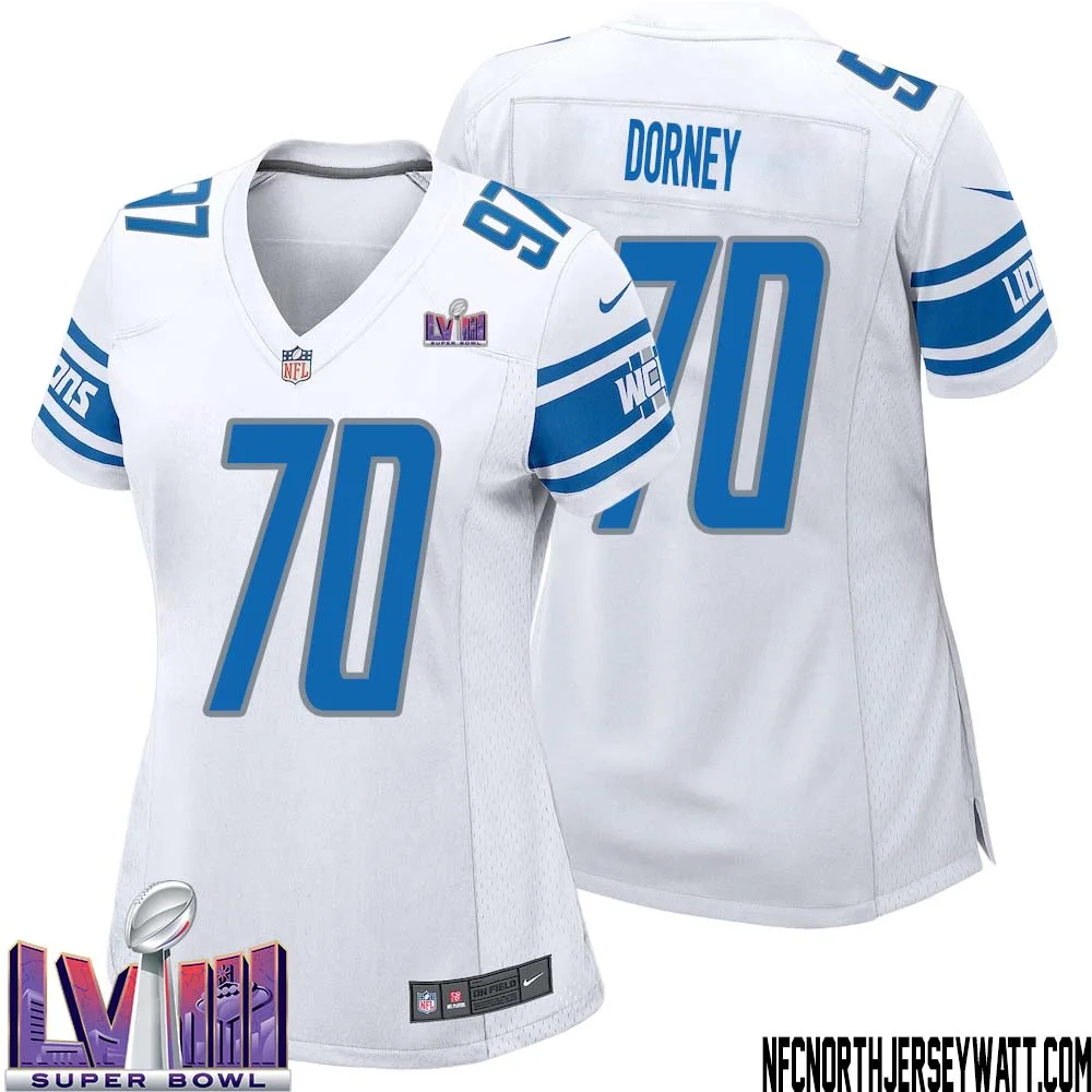 Keith Dorney No 70 Women White Detroit Lions Player Super Bowl LVIII Away Game Jersey