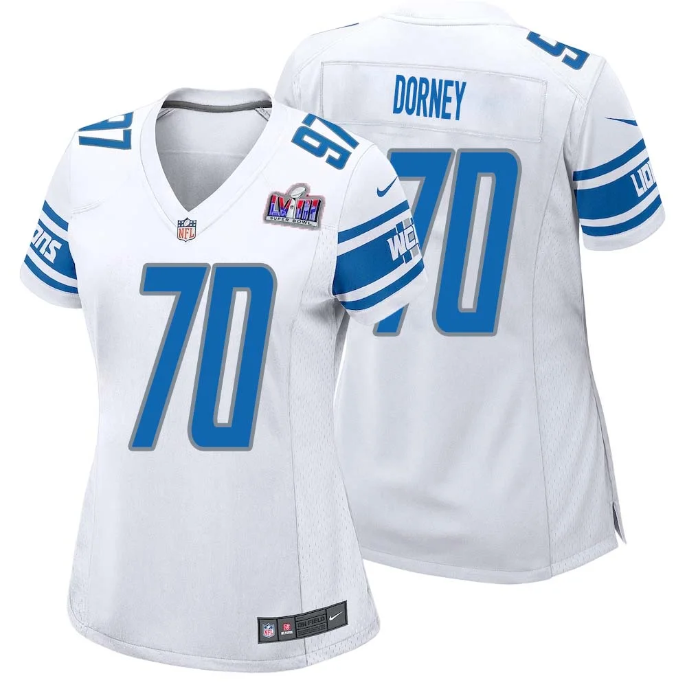 Keith Dorney No 70 Womens Custom White Detroit Lions Super Bowl LVIII Away Game Jersey