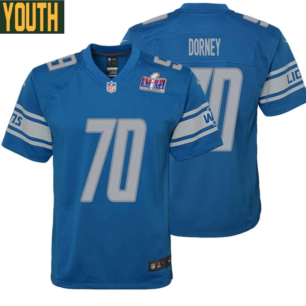 Keith Dorney No 70 Youths Custom Blue Detroit Lions Super Bowl LVIII Player Home Game Jersey