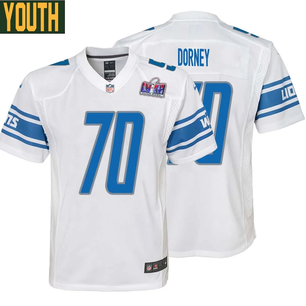 Keith Dorney No 70 Youths Custom White Detroit Lions Super Bowl LVIII Away Game Jersey