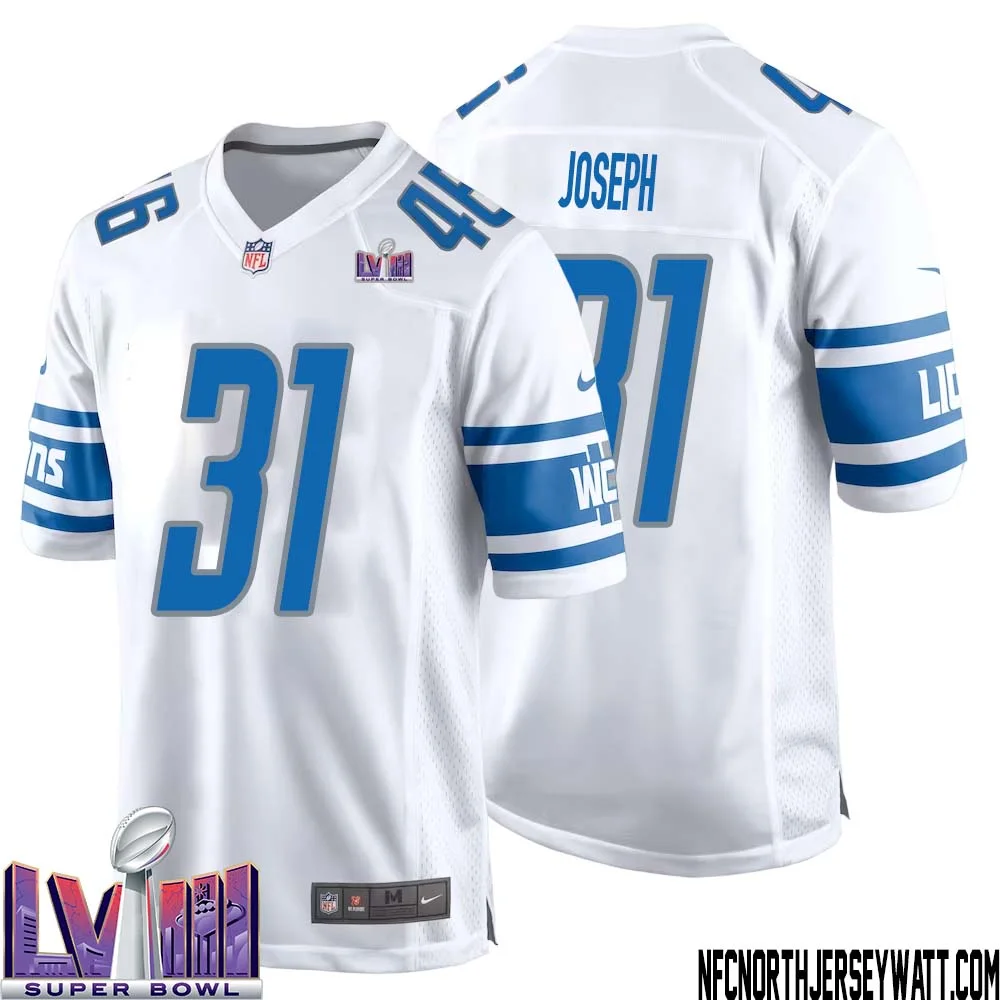 Kerby Joseph No 31 Men White Detroit Lions Player Super Bowl LVIII Away Game Jersey 1