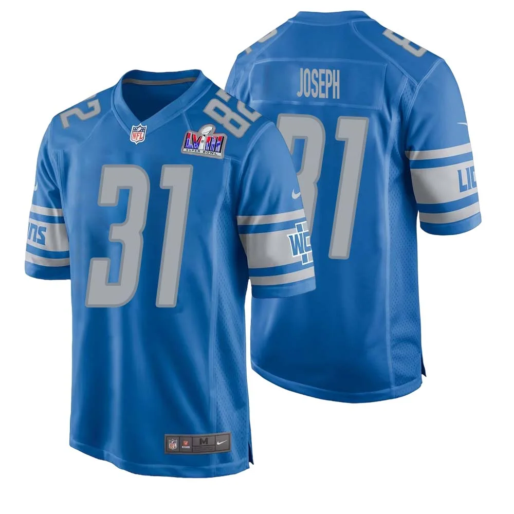 Kerby Joseph No 31 Mens Custom Blue Detroit Lions Super Bowl LVIII Player Home Game Jersey