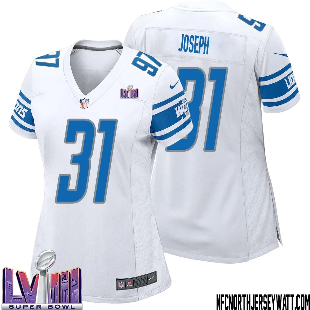 Kerby Joseph No 31 Women White Detroit Lions Player Super Bowl LVIII Away Game Jersey 1
