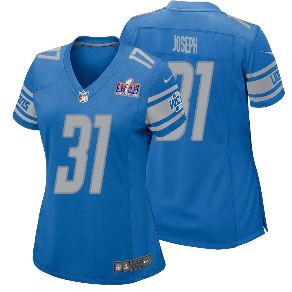 Kerby Joseph No 31 Womens Custom Blue Detroit Lions Super Bowl LVIII Player Home Game Jersey