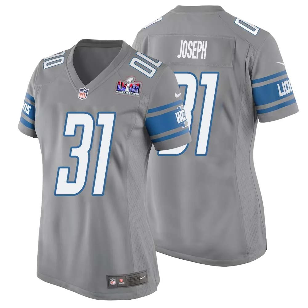 Kerby Joseph No 31 Womens Custom Gray Detroit Lions Alternate Super Bowl LVIII Game Jersey