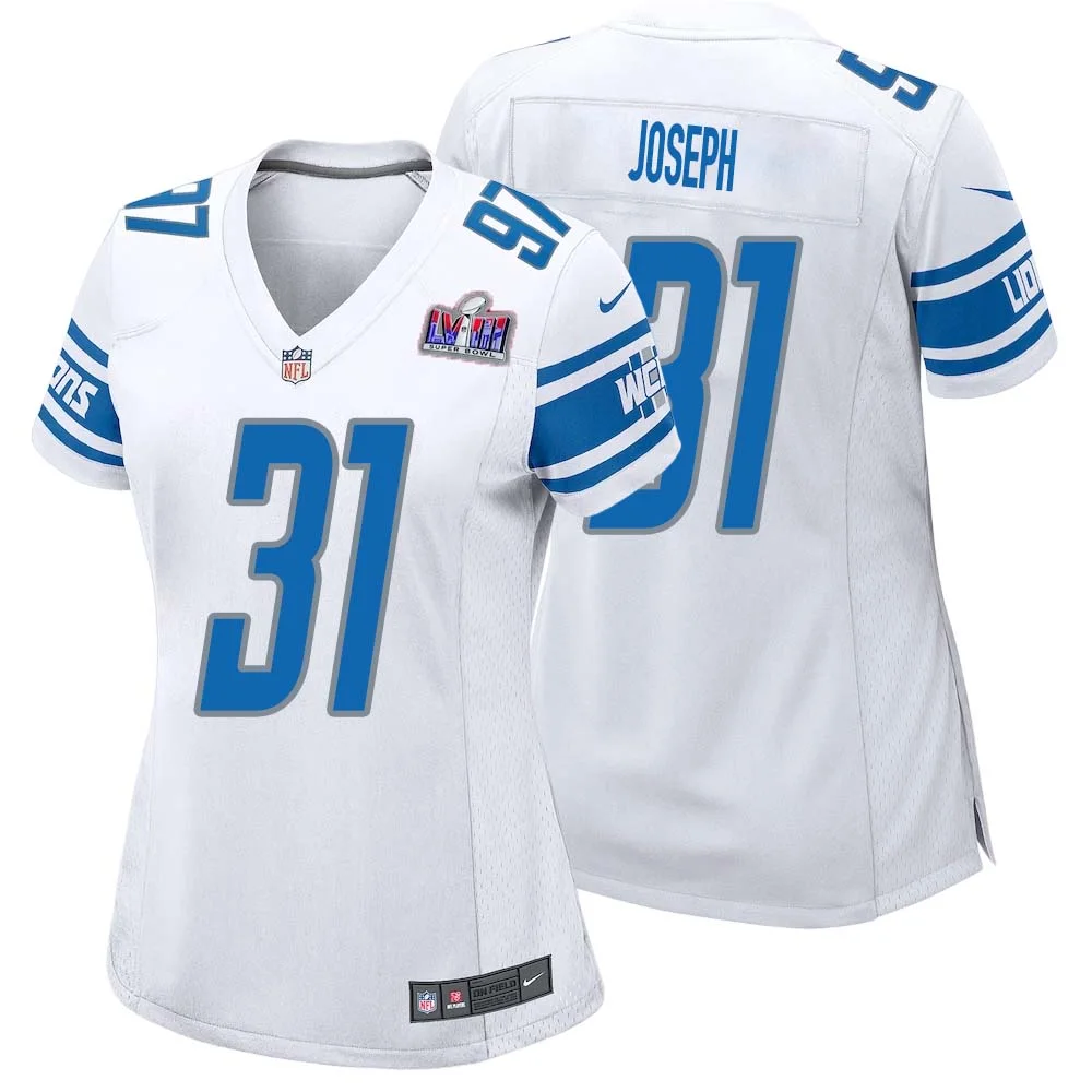 Kerby Joseph No 31 Womens Custom White Detroit Lions Super Bowl LVIII Away Game Jersey