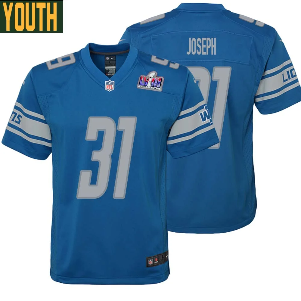 Kerby Joseph No 31 Youths Custom Blue Detroit Lions Super Bowl LVIII Player Home Game Jersey